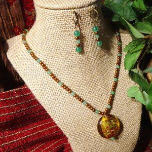 Handmade necklace/earring set in classic antique gold & green